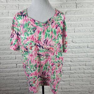 Southern Lady Plus Size 2X Watercolor Pink Green V-Neck T-Shirt WAT108E